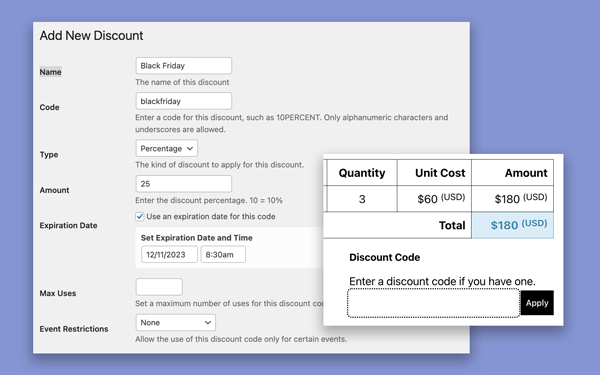 Screenshot of discount codes