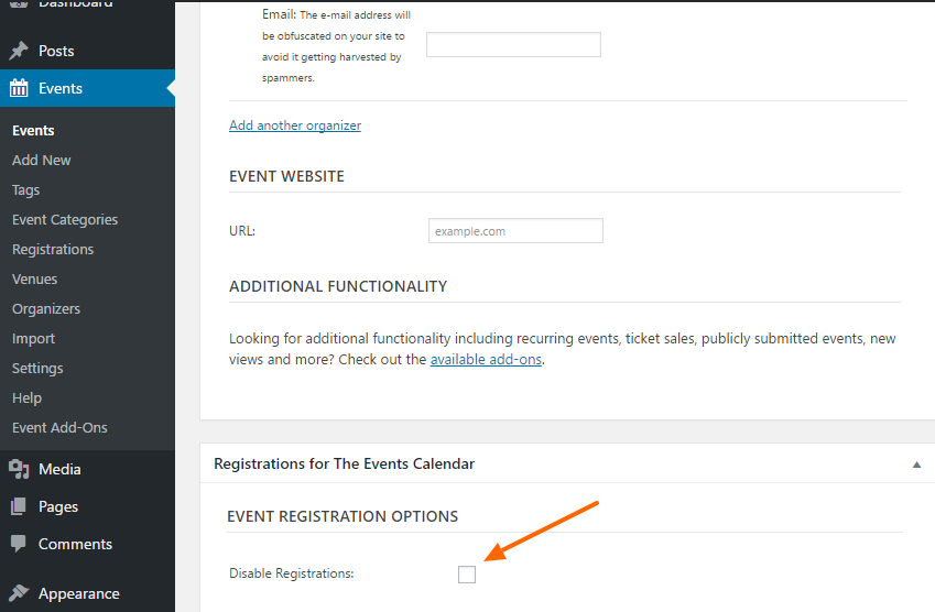 Disable registrations on edit event page