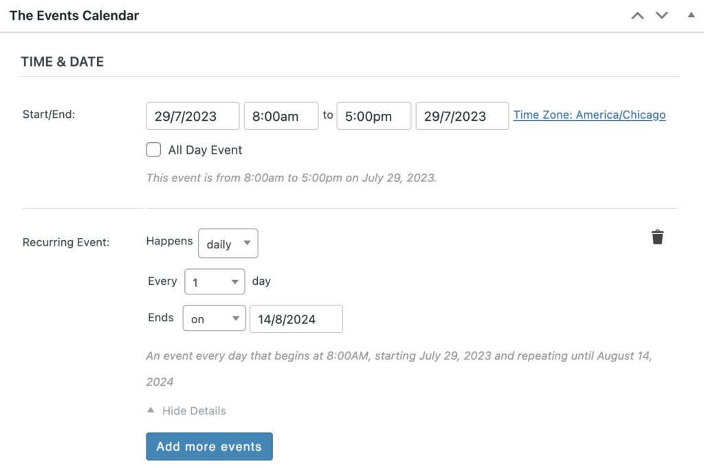 recurring events creation for the events calendar pro