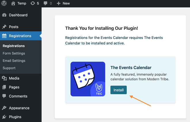 install the events calendar